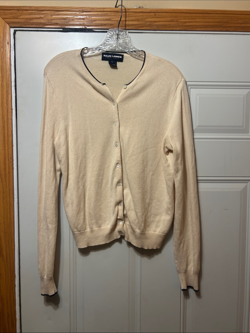 Ralph Lauren Cream Crewneck Cashmere Blend Button‎ Cardigan with Contrast Trim L